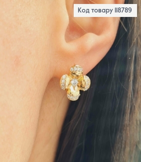 Серьги кольца (1,1см), "Цветочек" украшена Блестящими камешками (1,3см), XUPING 18K 118789 фото