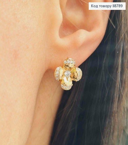 Серьги кольца (1,1см), "Цветочек" украшена Блестящими камешками (1,3см), XUPING 18K 118789 фото 1