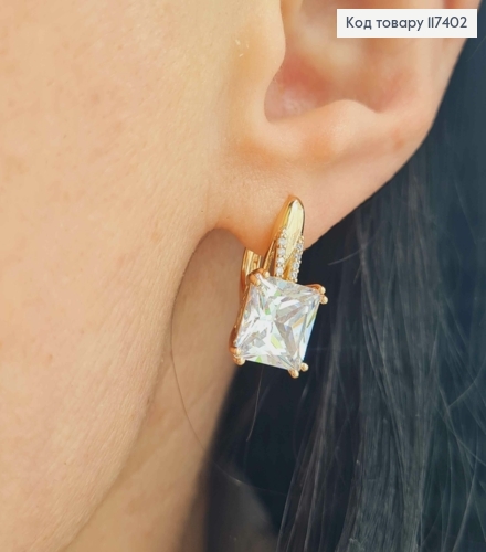 Серьги с Большим Блестящим квадратным камешком, 1,7см, английская застежка, XUPING 18K 117402 фото 2