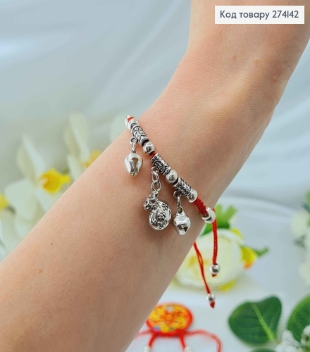 Браслет красная нить с денежным мешочком и колокольчиком. 274142 фото 1