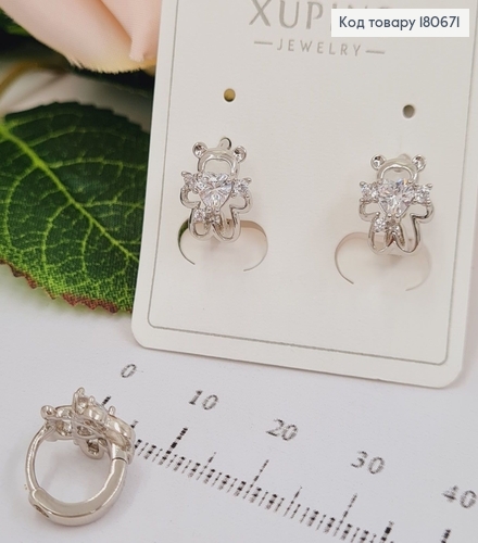 Сережки родованікольца Мишка с сердцем камнем, 1*1см, Xuping 180671 фото 1