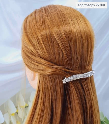 Заколка Автомат 8,5см ВОЛНА  серебряного цвета с камнями в два ряда 222101 фото 2