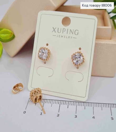 Серьги гвоздики Блестящий квадратный камешек, 7,5*7,5мм, Xuping 18K 118006 фото 2