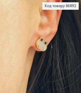 Серьги гвоздики, "Лягушка", мордочка лягушки в камешках, 1см, Xuping 18K 116892 фото