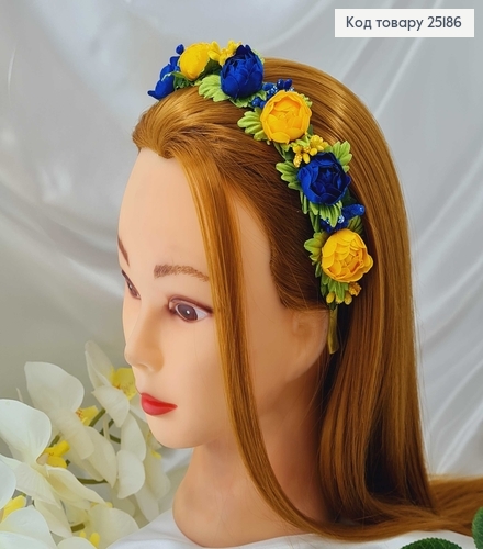 Віночок метал,  ЖОВТО-СИНІ(темні) піони , ручна робота, Україна 25186 фото 1