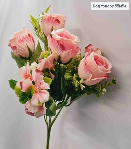 Искусственная композиция Розы с Жасмином, БЛЕДНО-РОЗОВЫЕ, 7 веточек на металл. стержни, высота 33см 551454 фото 2