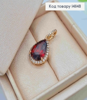 Кулон "Краплинка" Червоний камінь в оправі з камінців, розмір 1,8см, Xuping 18K 141148 фото