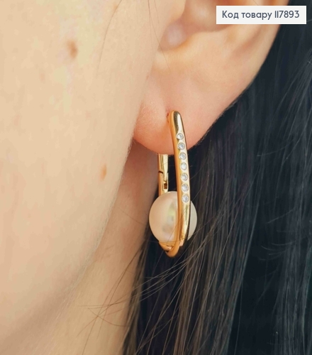 Серьги Овальные украшены камешками с жемчужиной, длина 2,5см, англ застежка, XUPING 18K 117893 фото 3