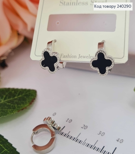 Серьги кольца 1см Четырехлистник черная эмаль, цвет серебро Stainless Steel 240290 фото 1