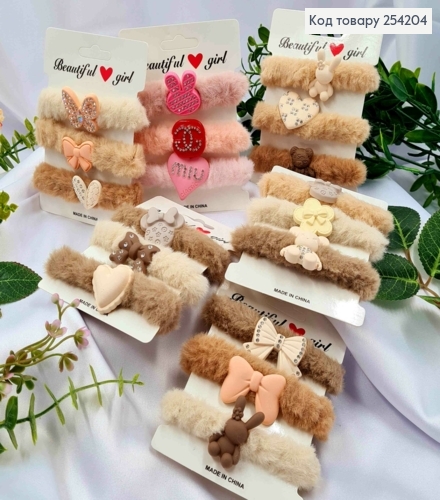 Набор: резинка "ПУШОК" (3шт) с брошью в камнях, Пастельные цвета в ассортименте, 6см 254204 фото 1