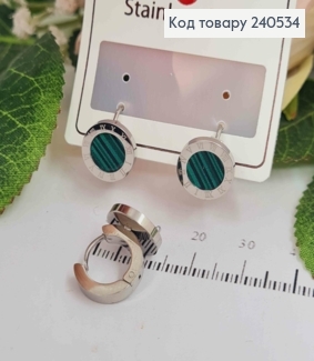 Серьги кольца, Римские часы с зеленой эмалью, серебряного цвета, Stainless Steel 260033 фото