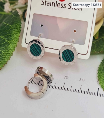 Серьги кольца, Римские часы с зеленой эмалью, серебряного цвета, Stainless Steel 260033 фото 1