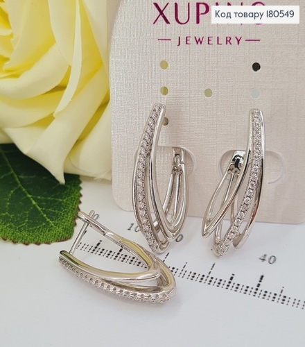 Серьги родированные с английской застежкой Тройная радость, 3 см Xuping 180549 фото 1