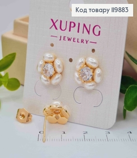 Сережки гвіздки "Квітка" з Перлинок та Блискучим каменем, розміром 1,3см, Xuping 18K 119883 фото