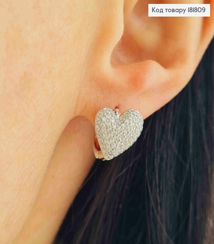 Серьги родованные кольца (1,2см) "Сердце" с Блестящими камешками (1,1см), Xuping 181809 фото 1