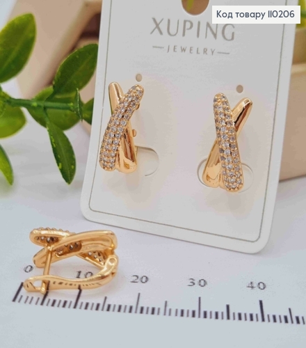 Сережки "Х" прикрашені Блискучими камінцями,  довжина 1,6см, англійська застібка, Xuping 18К 110206 фото 3