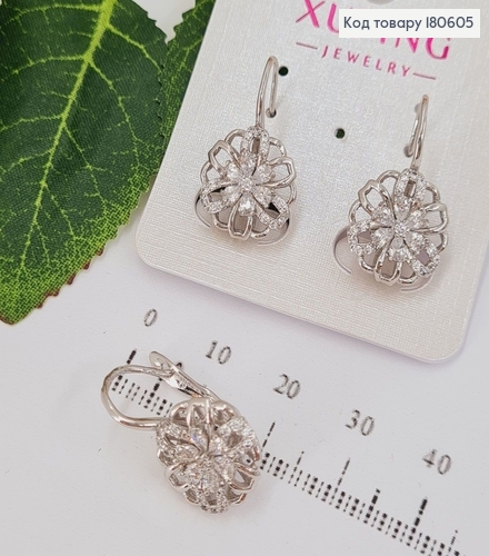 Серьги с родием с английской застежкой Волшебный цветок в камнях, 2.5 см 180605 фото 1