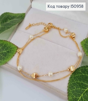 Браслет на ногу, двойной с жемчужками и шайбочками, длина 22+3см, Xuping 18K 150958 фото