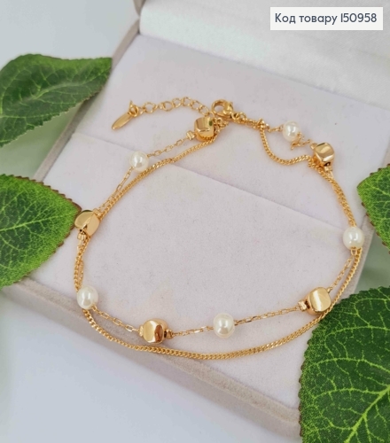 Браслет на ногу, двойной с жемчужками и шайбочками, длина 22+3см, Xuping 18K 150958 фото 1