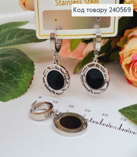 Серьги кольца с подвесками, с черной эмалью, ажурные, 1,5см, серебряного цвета, сталь Stainless Steel 260043 фото