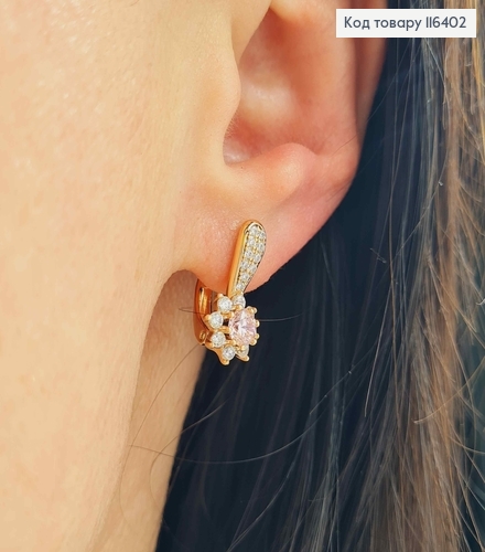 Серьги английская застежка, "Цветущий Нарцисс" с розовым камешком, 1,6см, Xuping 18K 116402 фото 1