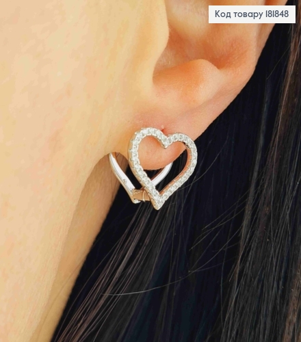 Серьги родованные кольца "Двойное Сердце" с Блестящими камешками, 1,3см, XUPING 181848 фото 1