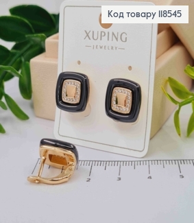 Сережки "Квадратні" прикрашені Чорною емаллю та Блискучим камінням, 1,4см, англ. застібка,Xuping 18К 118545 фото