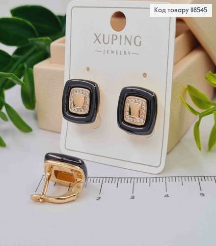 Серьги "Квадратные" украшены Черной эмалью и Блестящими камнями, 1,4см, англ. 118545 фото 1