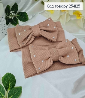 Повязка детская двойной бант с камешками БЕЖЕВЫЙ , ручная работа, Украина 275078 фото