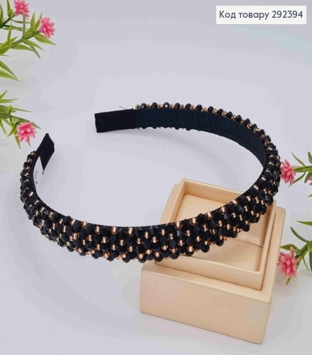 Обруч пластик, ЧОРНО-ПУДРОВОГО кольору,  плетений Стеклярусом та Бісером, ширина 1,5см 292394 фото 1