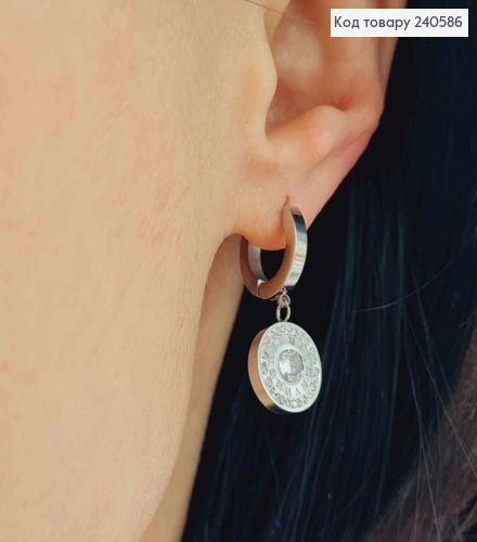 Серьги кольца, Римские часы с камешком, цвет серебряные, Stainless Steel 260058 фото 4