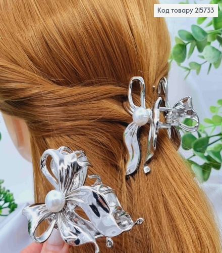 Краб металл "БАНТИК" с жемчужиной, 7см, серебряного цвета 215733 фото 1