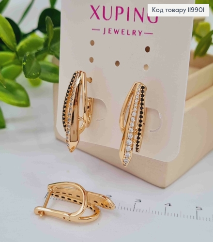 Серьги овальные украшены Блестящими и Чёрными камешками, 2,3см, англ. застежка, Xuping 18К 119901 фото 1
