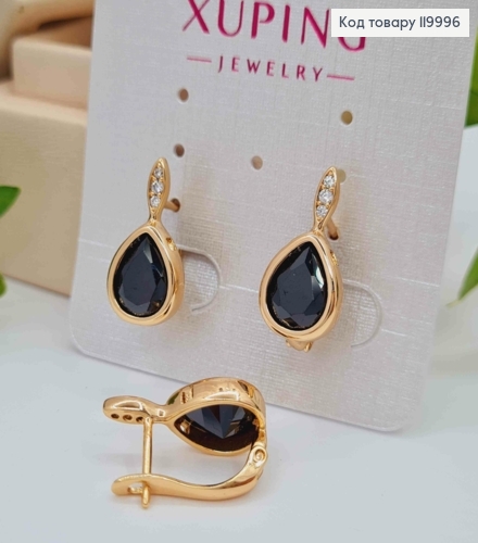 Серьги "Капелька" с черным камнем, 1,7см, английская застежка, Xuping 18К. 119996 фото 2