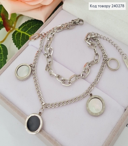 Браслет 16+3.5 см Van Cleef 3 подвески с чёрной и перламутровой эмалью, цвет серебряный, Stainless Steel 250004 фото 1