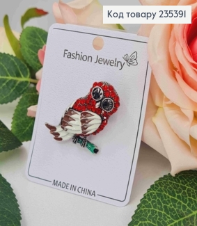 Брошь, "Сова" украшена Красными камешками, 4см 235391 фото