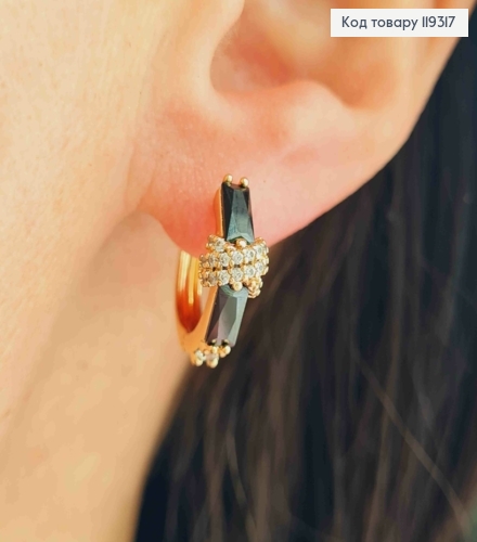 Серьги кольца украшены Черными и Блестящими камешками, диаметр 1,5см, XUPING 18K 119317 фото 1