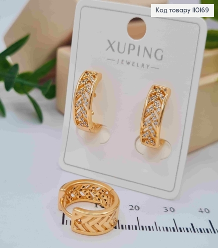 Сережки кільця прикрашені Блискучими камінцями, діаметр 1,5см, Xuping 18К 110169 фото 1