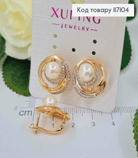 Серьги с жемчужиной на крученой пластинке, 1,8см, англ.зам, Xuping 18K 117104 фото