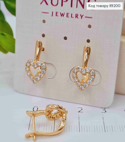 Серьги "Сердце" украшены Блестящими камешками, 1,6см, английская застежка, Xuping 18K 119200 фото 2