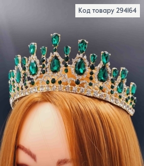 Диадема "Великая" под золото, с Зелеными блестящими камешками, 6см наивысшая точка 294164 фото