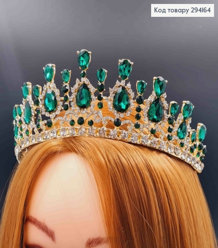 Діадема "Велична" під золото, з Зеленими блискучими камінцями, 6см найвища точка 294164 фото 1