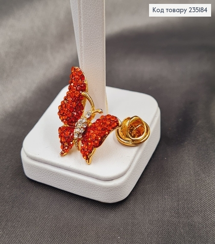 Брошка метал Бабочка золото  с красными камушками 3х2см 235184 фото 1