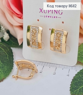 Серьги, Пластинки с камешками и цепочкой в окошечке, 1,5см, англ. застежка, Xuping 18К 116112 фото