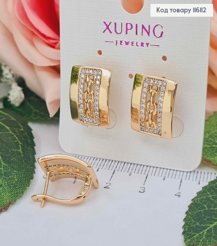 Серьги, Пластинки с камешками и цепочкой в окошечке, 1,5см, англ. застежка, Xuping 18К 116112 фото 1