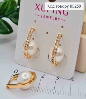 Серьги кольца "Овальные" с Блестящими камешками и Жемчужкой, длина 1,9см, Xuping 18K 110238 фото