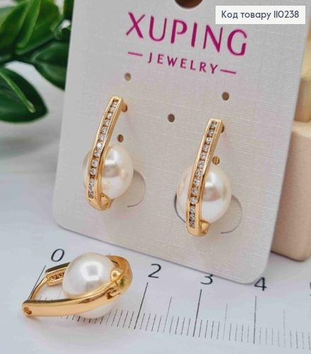 Сережки кільця "Овальні" з Блискучими камінцями та Перлинкою , довжина 1,9см,  Xuping 18K 110238 фото 1