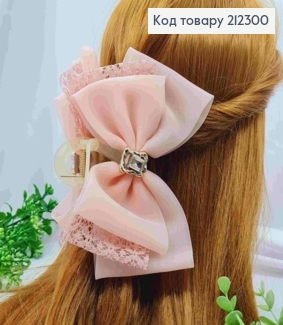 Краб пластик с "БАНТИКОМ" из органзы+кружево с Блестящим камнем, 15*10см, Кремового цвета 212300 фото