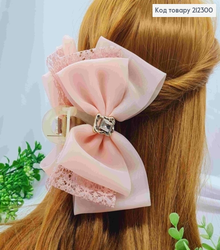 Краб пластик с "БАНТИКОМ" из органзы+кружево с Блестящим камнем, 15*10см, Кремового цвета 212300 фото 1