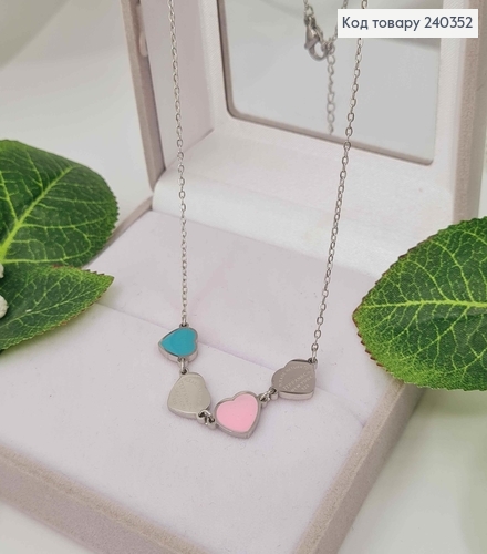 Цепочка, с подвесками голубовато-розовыми сердечками, серебряного цвета, дл. 40+5см, сталь Stainless Steel 240352 фото 2